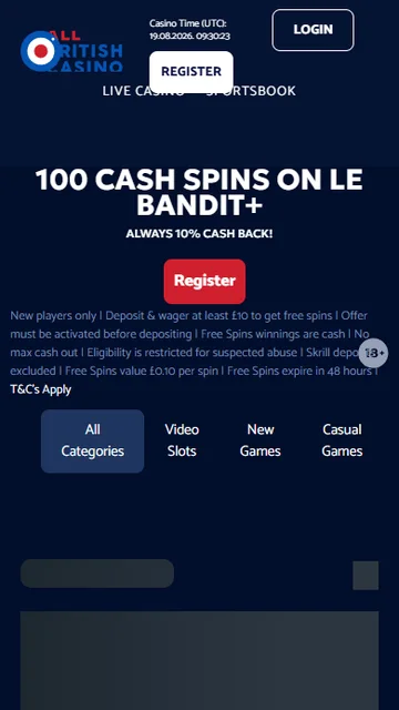 All British Casino mobile homepage with the cash spins offer