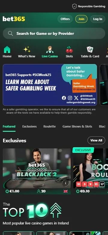 bet365 mobile live casino lobby