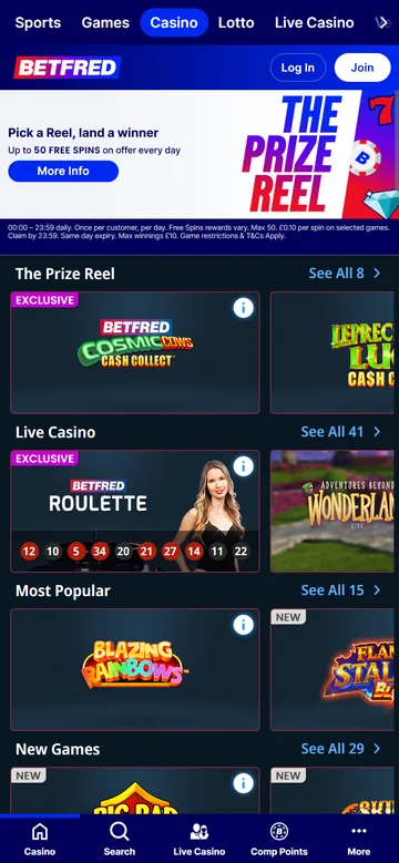 The Betfred casino lobby on a phone, showing a 30 pound bonus offer above the game grid