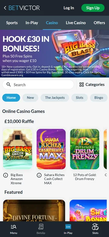 BetVictor mobile casino lobby