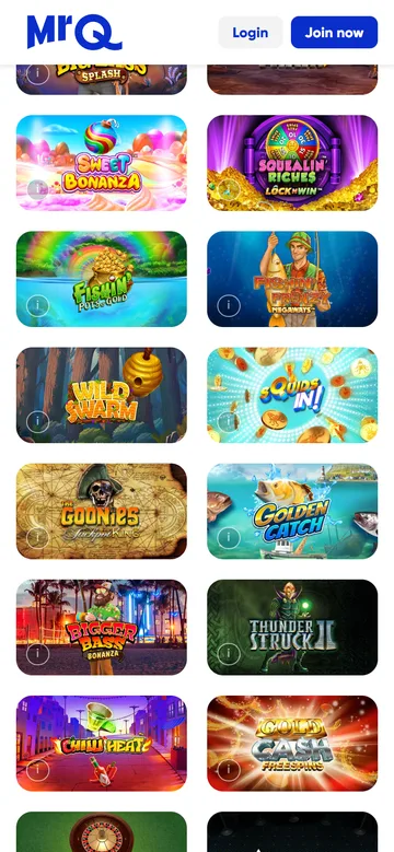 The MrQ casino lobby on a phone, showing the search bar and a grid of slot thumbnails