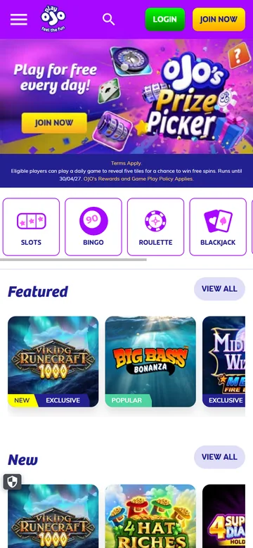 The PlayOJO casino lobby on a phone, showing its free daily prize picker above the slots