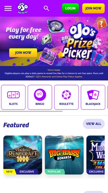 PlayOJO mobile homepage showing featured slots