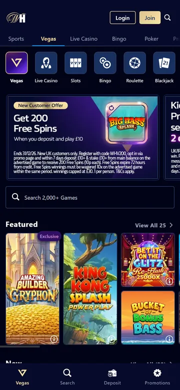 William Hill Vegas casino lobby on mobile