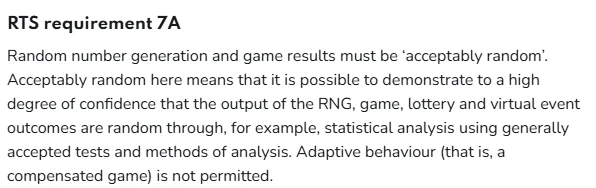 Are UK casinos fair: technical standard RTS 7 requiring acceptably random outcomes and banning adaptive behaviour, a compensated game