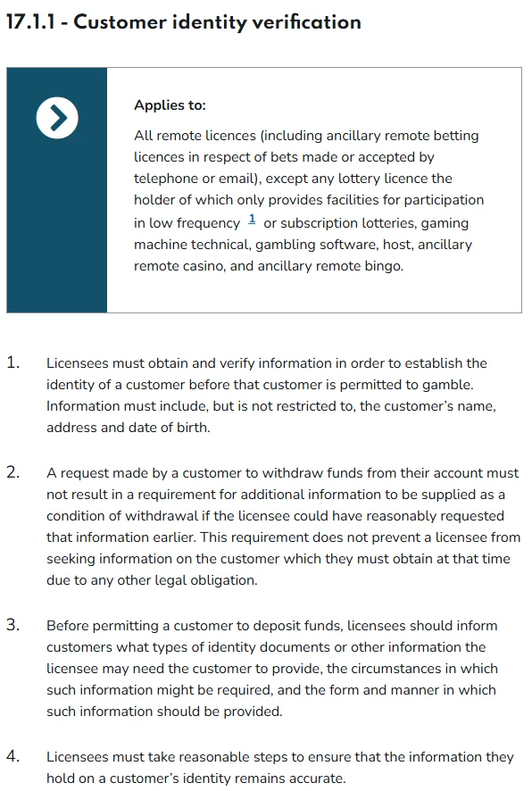 Casino account verification UK: licence condition 17.1.1 on customer identity verification, including the rule on withdrawals