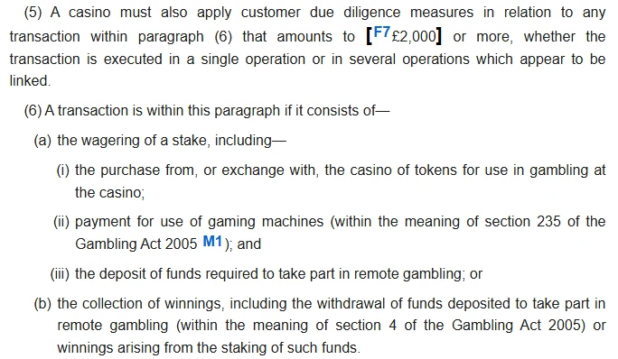 Casino account verification UK: regulation 27 of the Money Laundering Regulations 2017 setting the 2,000 pound casino threshold