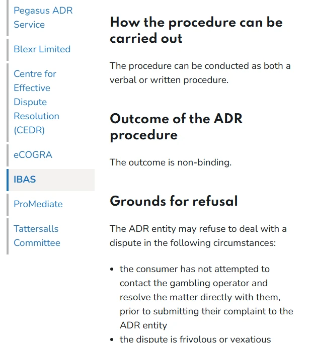 Casino complaints UK: the Gambling Commission's entry for IBAS showing sectors covered, that the outcome is non-binding, and the grounds for refusing a dispute