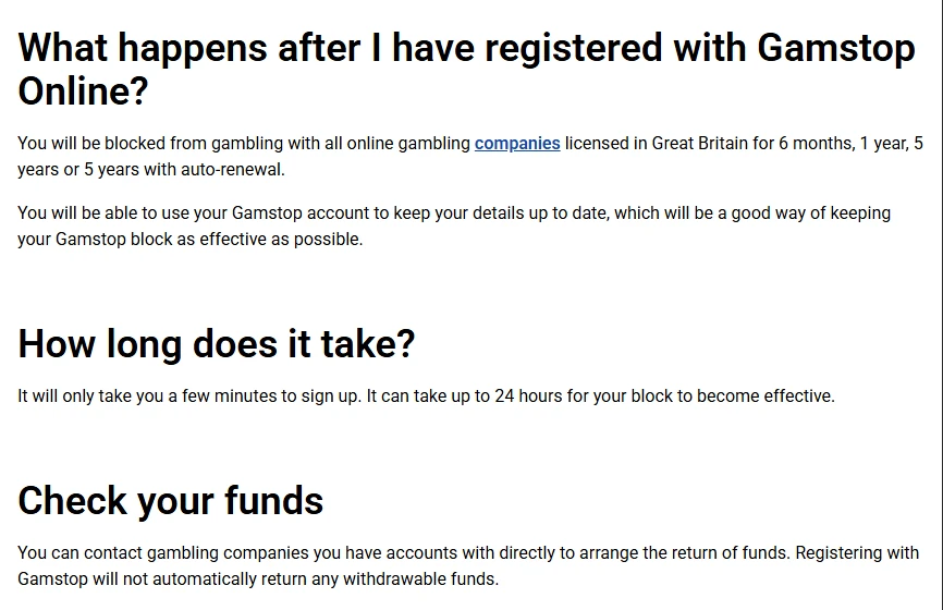 GAMSTOP self-exclusion: the Gamstop Online registration page explaining the exclusion periods, the 24-hour activation and the position on withdrawable funds