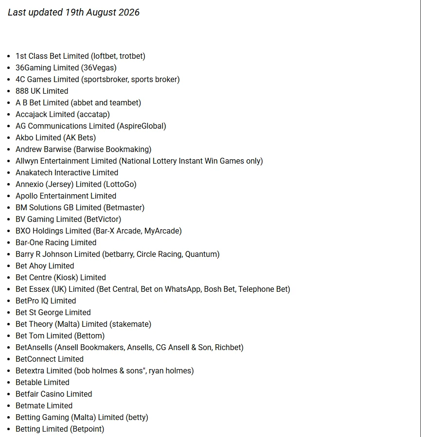GAMSTOP self-exclusion participating companies list showing licensed companies and their brands, including the National Lottery Instant Win Games entry