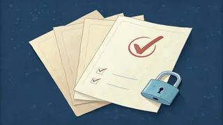 Paper cut illustration of stacked documents with a red tick and a padlock, for the account verification guide