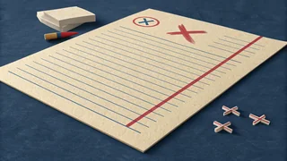 Paper cut illustration of a ruled document struck through with a red cross, for the game malfunction guide