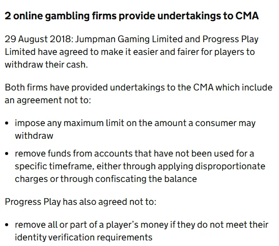 UK casino dormant accounts: CMA undertakings from two online gambling firms not to remove funds from unused accounts