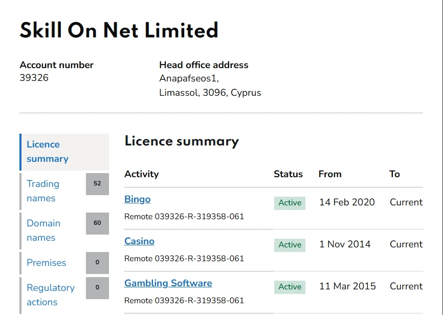 UK gambling licence check: the Gambling Commission register entry for Skill On Net Limited, showing account number 39326 and three active remote licences