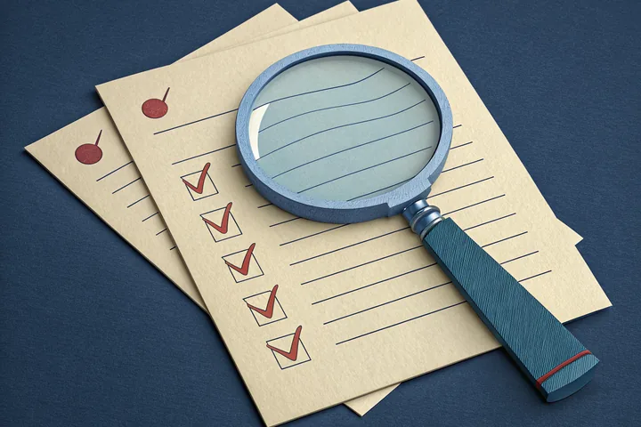 Paper cut illustration of a magnifying glass lying across a ruled checklist, for the UK casino reviews on this site